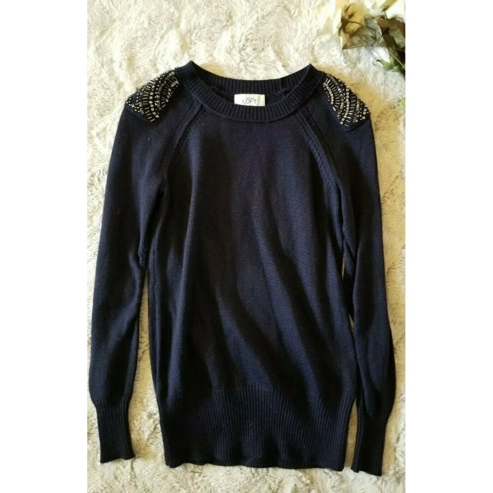 Loft Wool Blend Navy Blue Decorated Sequin Shoulder Sweater Size XS‎